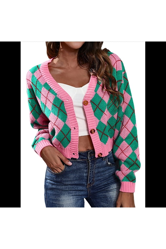 Women'S Knit Cardigan Sweaters Long Sleeve Argyle Open Front Button Down V Neck Cropped Coats Pink Green XL