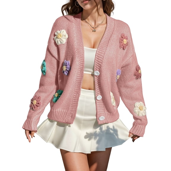 Women'S Knit Crochet Open Front Sweater Long Sleeve Button Flowers Loose Short Cardigan Outerwear Coats Pink S