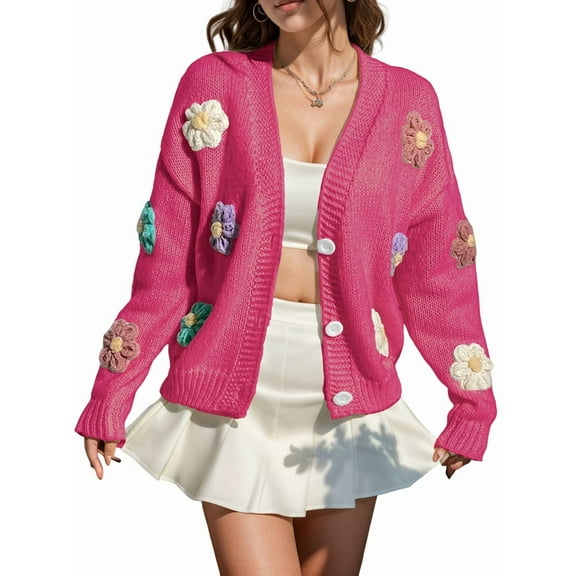 Women'S Knit Crochet Open Front Sweater Long Sleeve Button Flowers Loose Short Cardigan Outerwear Coats Red S