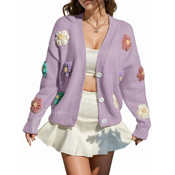 Women'S Knit Crochet Open Front Sweater Long Sleeve Button Flowers Loose Short Cardigan Outerwear Coats S
