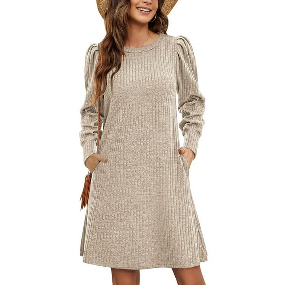 Women'S Knit Dress with Puff Sleeves for Fall and Winter Round Neck Casual Tunic Dress Apricot XXL