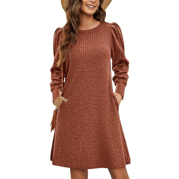 Women'S Knit Dress with Puff Sleeves for Fall and Winter Round Neck Casual Tunic Dress Brick Red M