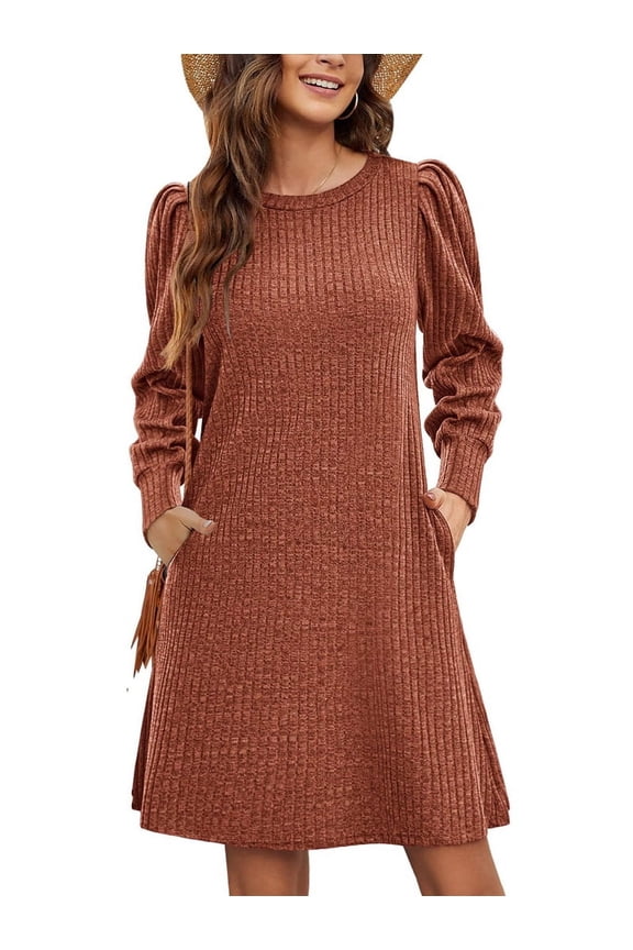 Women'S Knit Dress with Puff Sleeves for Fall and Winter Round Neck Casual Tunic Dress Brick Red XXL