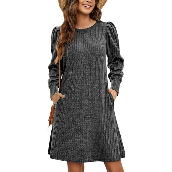 Women'S Knit Dress with Puff Sleeves for Fall and Winter Round Neck Casual Tunic Dress Grey XXL