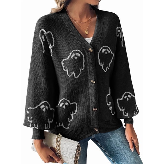 Women'S Knit Long Sleeve Open Front Cardigan V-Neck Button Down Embroidery Sweater Coat Outwear Black L