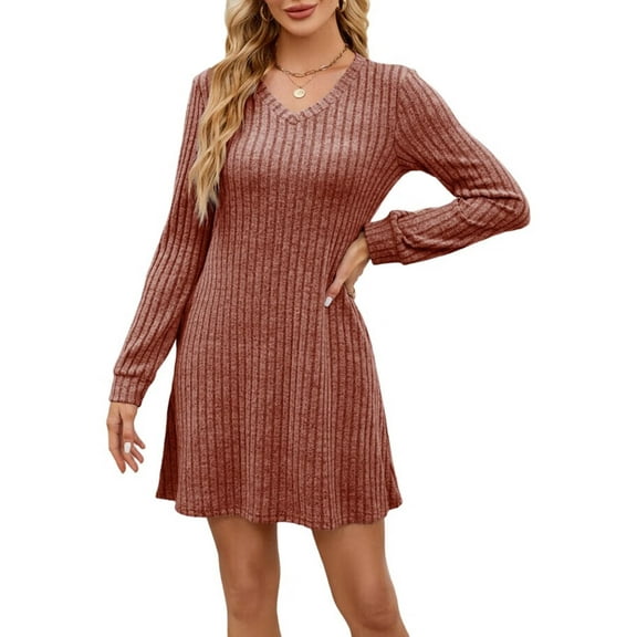 Women'S Knit Long Sleeve Sweater Dress Casual V Neck Tunic Dresses Fall Trendy Outfits Chocolate XXL