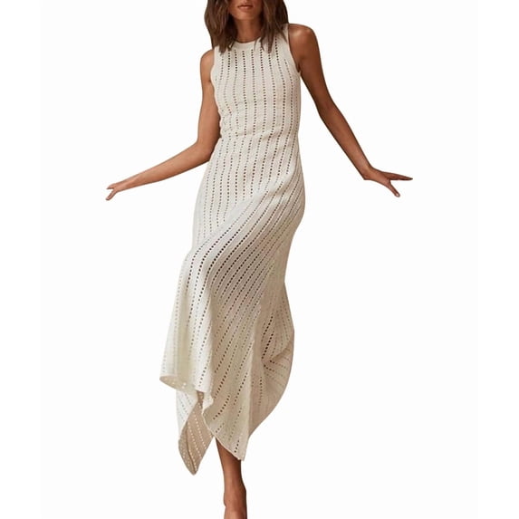 Women'S Knit Maxi Sweater Dress, Solid Color Knit Openwork Round Neck Sleeveless Beach Cover-Up Dress White L