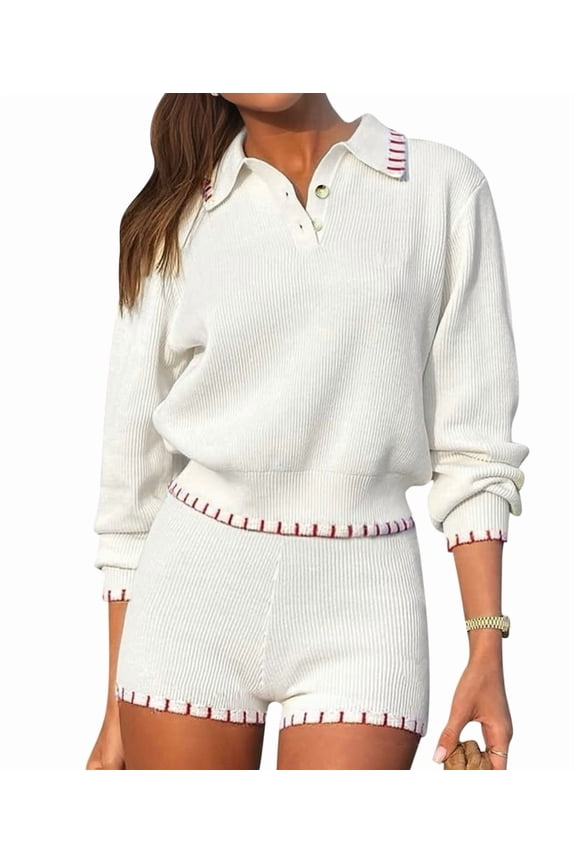 Women'S Knit Shorts Set Long Sleeve Button Down Shirt Bodycon Shorts Stretch Lounge Marching Set White L