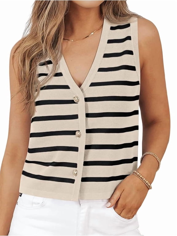 Women'S Knit Striped Vest Sleeveless Button Down Cardigan Short Cropped Sweater Waistcoat / /Black