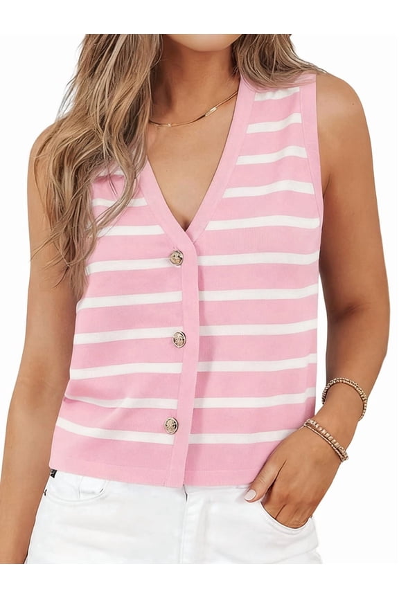 Women'S Knit Striped Vest Sleeveless Button Down Cardigan Short Cropped Sweater Waistcoat Pink M