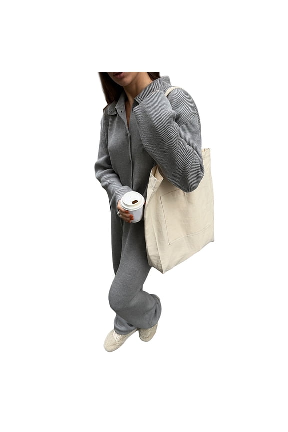Women'S Knit Sweater Set Long Sleeve Button Down Cardigan with High Waisted Pants Tracksuit Gray S