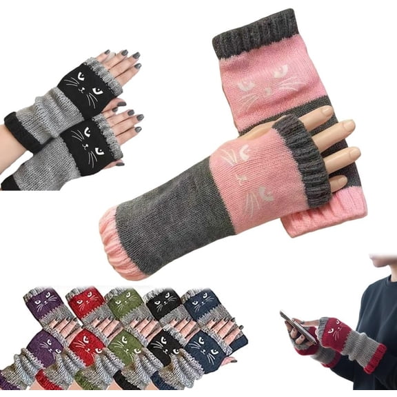 Women’S Knitted Fingerless Gloves with Cute Cat Splicing Knitted Soft Gloves, Outdoor Activities and Work