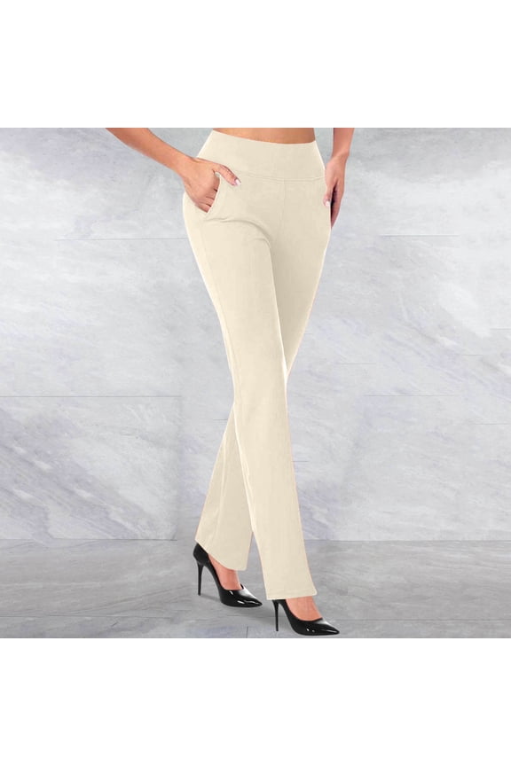 Women'S Knitted Pants Solid Color Hight Waist Elastic Waist Curvy Micro Pull Slim Flare Trousers Beige L