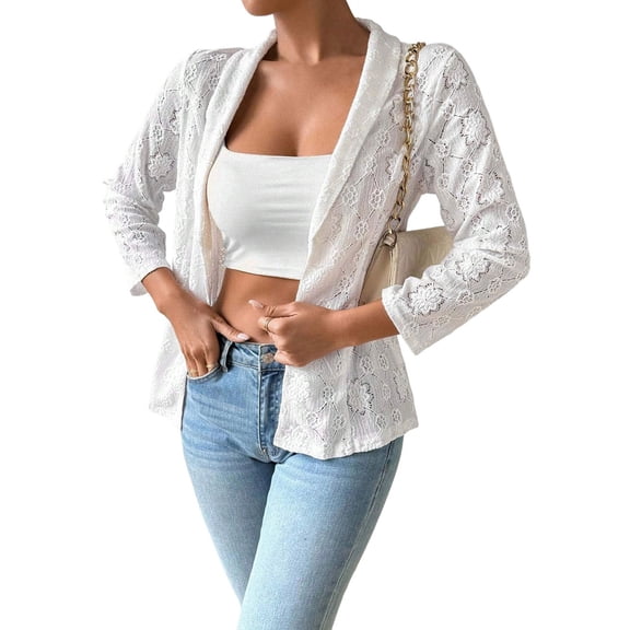 Women'S Lace Blazer Open Front Sheer Mesh Blazer Elegant Casual Blazer Jacket White M