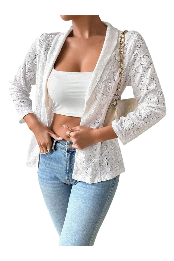 Women'S Lace Blazer Open Front Sheer Mesh Blazer Elegant Casual Blazer Jacket White XXL