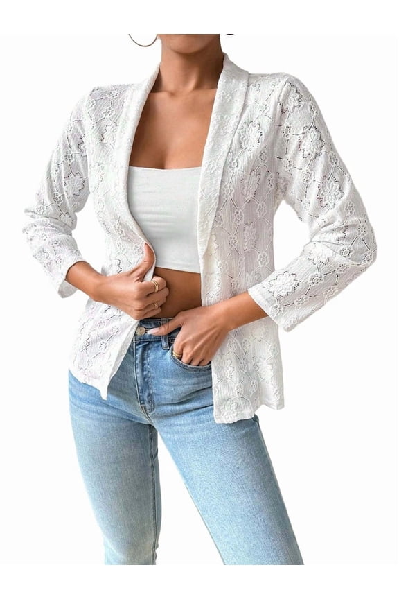 Women'S Lace Blazer Open Front Sheer Mesh Blazer Elegant Casual Blazer Jacket White XXL