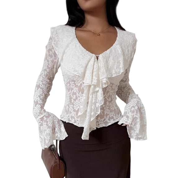 Women'S Lace Blouse V Neck Bell-Sleeve Ruffled Long-Sleeve Casual Spring Fall Top White L
