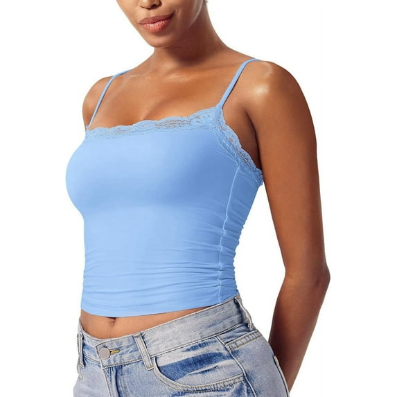 Women'S Lace Camisole Square Neck Sleeveless Spaghetti Strap Basic Tank Top Sky Blue XL