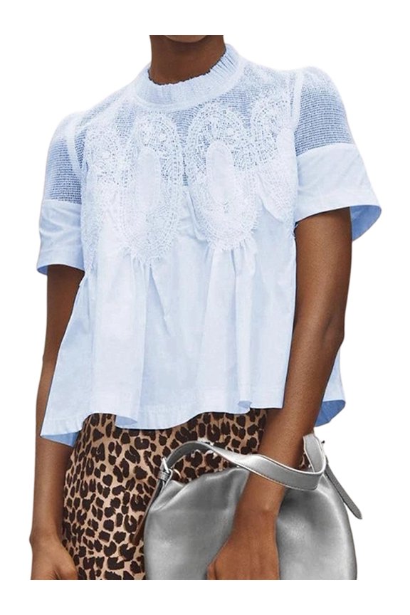Women'S Lace-Detail Flared Blouse Short-Sleeve Crew Neck Flowy Mesh Swing Top Casual Dressy Shirt Light Blue L