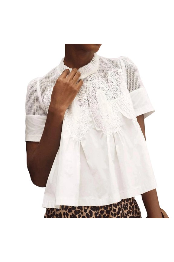 Women'S Lace-Detail Flared Blouse Short-Sleeve Crew Neck Flowy Mesh Swing Top Casual Dressy Shirt White XXL