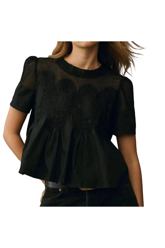 Women'S Lace-Detail Flared Blouse Short-Sleeve Crew Neck Flowy Mesh Swing Top Casual Dressy Shirt