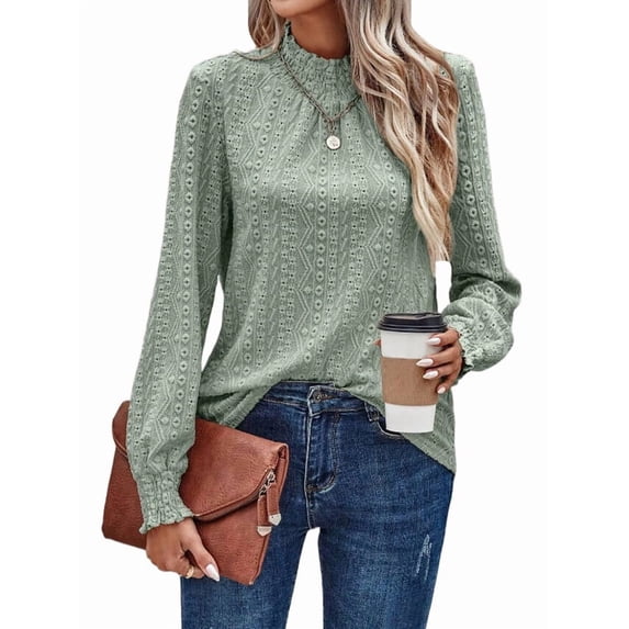Women'S Lace Eyelet Blouse Frill Mock Neck Vintage Top Lantern Long Sleeve Elegant Tops Green L