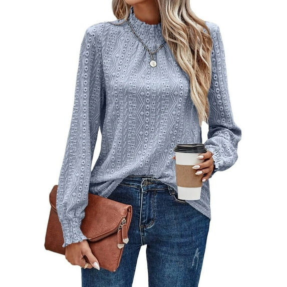 Women'S Lace Eyelet Blouse Frill Mock Neck Vintage Top Lantern Long Sleeve Elegant Tops Light Blue M