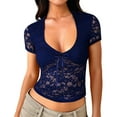 thumbnail image 1 of Women'S Lace Long Sleeve Shirt Low Cut Y2K Slim Fit Top Going Out Club Concert Clothes Navy Blue L, 1 of 7
