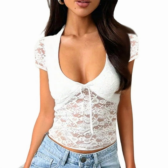 Women'S Lace Long Sleeve Shirt Low Cut Y2K Slim Fit Top Going Out Club Concert Clothes White XL