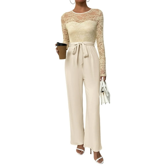 Women'S Lace Patchwork Round Neck Long Sleeve Formal Jumpsuit Solid Color Casual One-Piece Pants Apricot XL