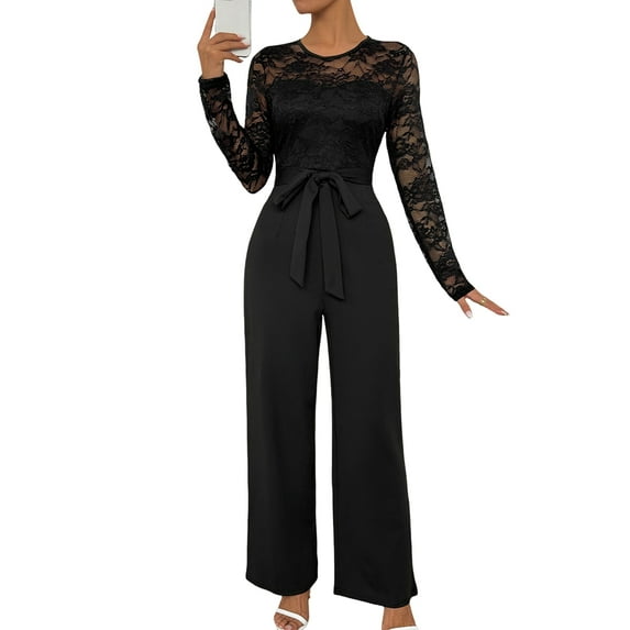 Women'S Lace Patchwork Round Neck Long Sleeve Formal Jumpsuit Solid Color Casual One-Piece Pants Black M