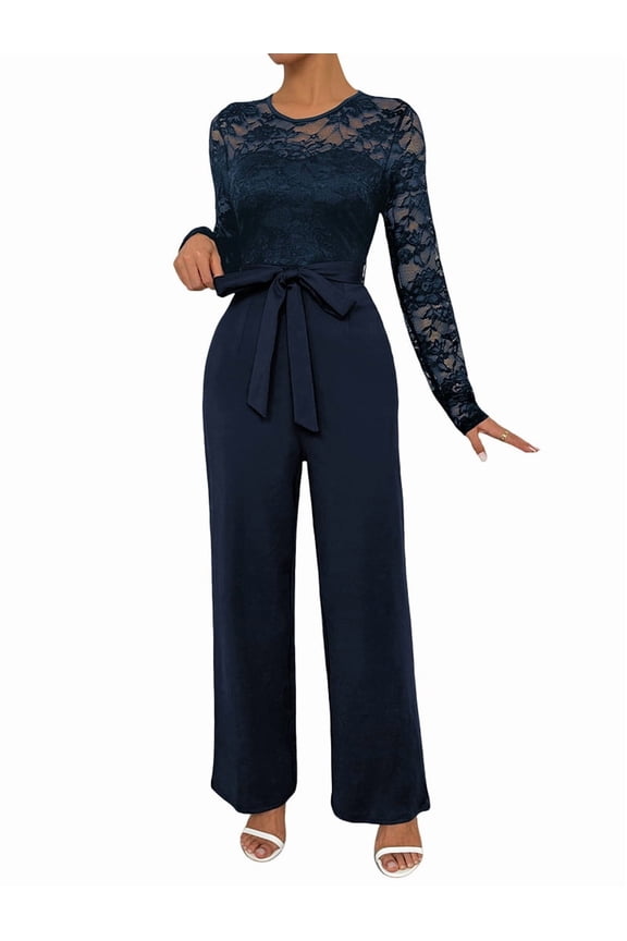 Women'S Lace Patchwork Round Neck Long Sleeve Formal Jumpsuit Solid Color Casual One-Piece Pants Navy Blue XL