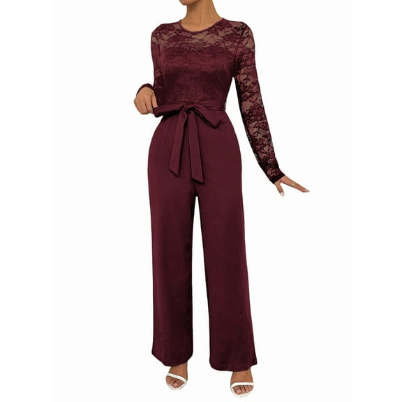 Women'S Lace Patchwork Round Neck Long Sleeve Formal Jumpsuit Solid Color Casual One-Piece Pants Wine Red XL