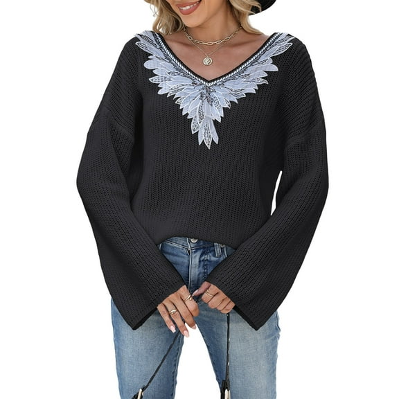 Women'S Lace Sequin Appliques Sweater Fall Winter V Neck Long Sleeve Sweaters Trendy Cozy Casual Sweaters Black S