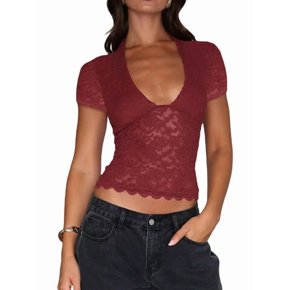 Women'S Lace Short Sleeve Shirt Low Cut Y2K Slim Fit Top Going Out Club Concert Clothes Wine Red M