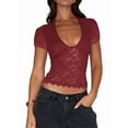 thumbnail image 1 of Women'S Lace Short Sleeve Shirt Low Cut Y2K Slim Fit Top Going Out Club Concert Clothes Wine Red XL, 1 of 5
