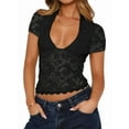 thumbnail image 1 of Women'S Lace Short Sleeve Shirt Low Cut Y2K Slim Fit Top Going Out Club Concert Clothes, 1 of 5