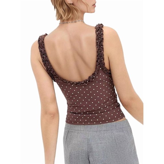 Women'S Lace Tank Top Deep Plunge V Neck Tops Going Out Crop Shirt Summer Camisole Brown Polka Dots XL