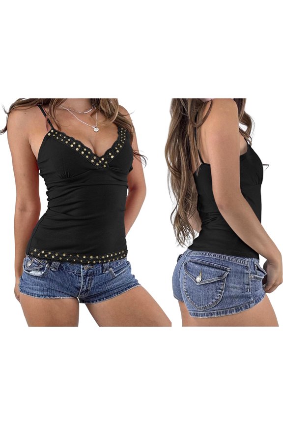 Women'S Lace Trim Camis Top Deep V Neck Adjustable Spaghetti Strap Beaded Tank Top