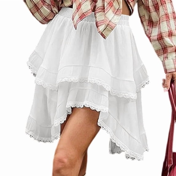 Women'S Lace Trim Double Layer Tiered Ruffle Skirt High Waist Fashion Versatile Mini Skirt White L