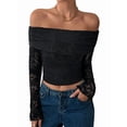 thumbnail image 1 of Women'S Lace Trim Off Shouder Top Long Sleeve Double Lined Y2k Trendy T-Shirts Black XXL, 1 of 6