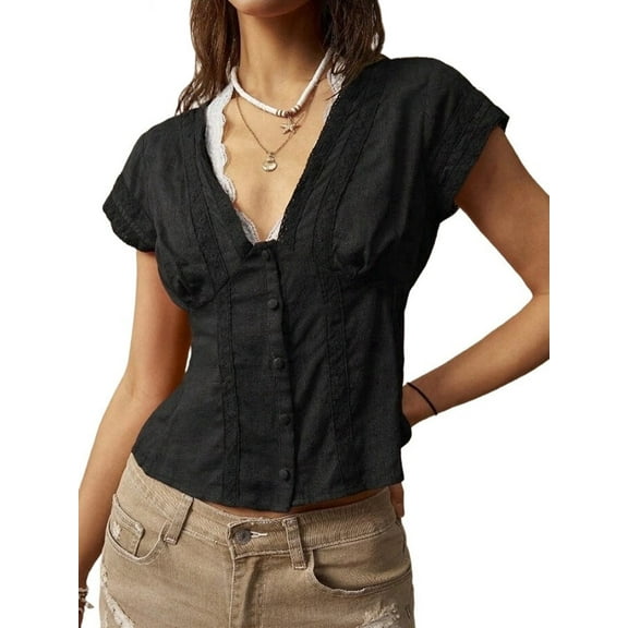 Women'S Lace Trim V Neck Blouse Short Sleeve Shirred Shirt Tops Summer Vacation Clothes Black XS