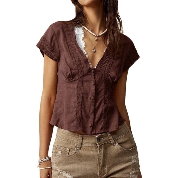 Women'S Lace Trim V Neck Blouse Short Sleeve Shirred Shirt Tops Summer Vacation Clothes Brown M