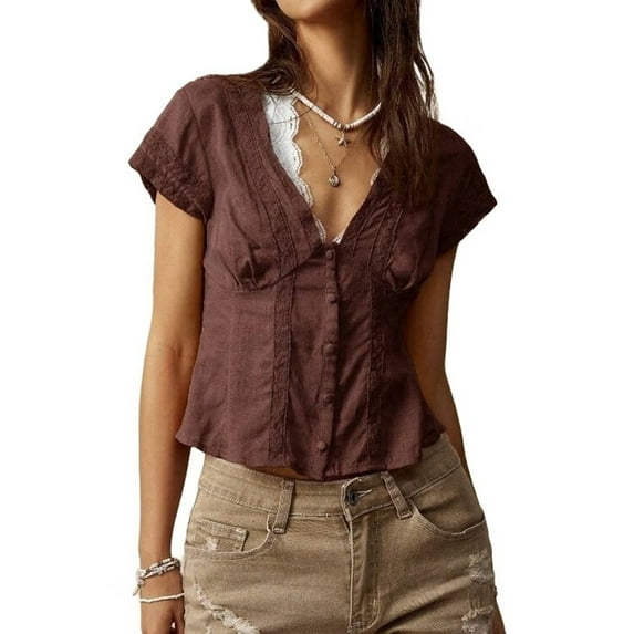 Women'S Lace Trim V Neck Blouse Short Sleeve Shirred Shirt Tops Summer Vacation Clothes Brown S