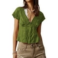 thumbnail image 1 of Women'S Lace Trim V Neck Blouse Short Sleeve Shirred Shirt Tops Summer Vacation Clothes Green XS, 1 of 6