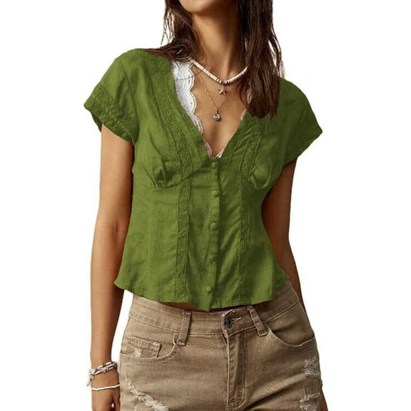 Women'S Lace Trim V Neck Blouse Short Sleeve Shirred Shirt Tops Summer Vacation Clothes Green XS