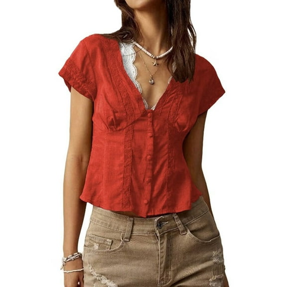 Women'S Lace Trim V Neck Blouse Short Sleeve Shirred Shirt Tops Summer Vacation Clothes Orange Color XS