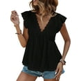 thumbnail image 1 of Women'S Lace Trimmed V Neck Ruffled Sleeve Flared Eyelet Tank Blouse Top Black L, 1 of 5