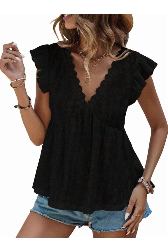 Deliqiba Women'S Lace Trimmed V Neck Ruffled Sleeve Flared Eyelet Tank Blouse Top Black XL