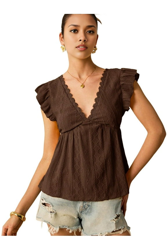 Women'S Lace Trimmed V Neck Ruffled Sleeve Flared Eyelet Tank Blouse Top Coffee Color XL